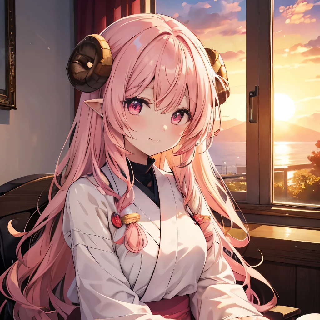 An anime-style illustration of ‘Fua-chan’ bathed in the warm, golden light of the setting sun, expressing gratitude with a gentle smile. Fua-chan has distinctive features: long pink hair styled in soft curls resembling sheep’s horns, and pink eyes. She is depicted standing or sitting outdoors, perhaps on a hill or near a window, with the soft rays of the sunset illuminating her face. Her expression is one of deep gratitude and warmth, her eyes shining softly as she smiles. The background shows a beautiful sunset with hues of orange, pink, and gold, creating a serene and heartfelt atmosphere that reflects her feelings of thankfulness.