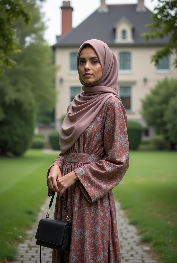 Please make me a photo of a young woman wearing a patterned long-sleeved dress and hijab, wearing shoes(((full body beautiful professionalstanding facing the viewer in the middle of the park against the background of an old building. In his hand, he holds the handbag with confidence." ...