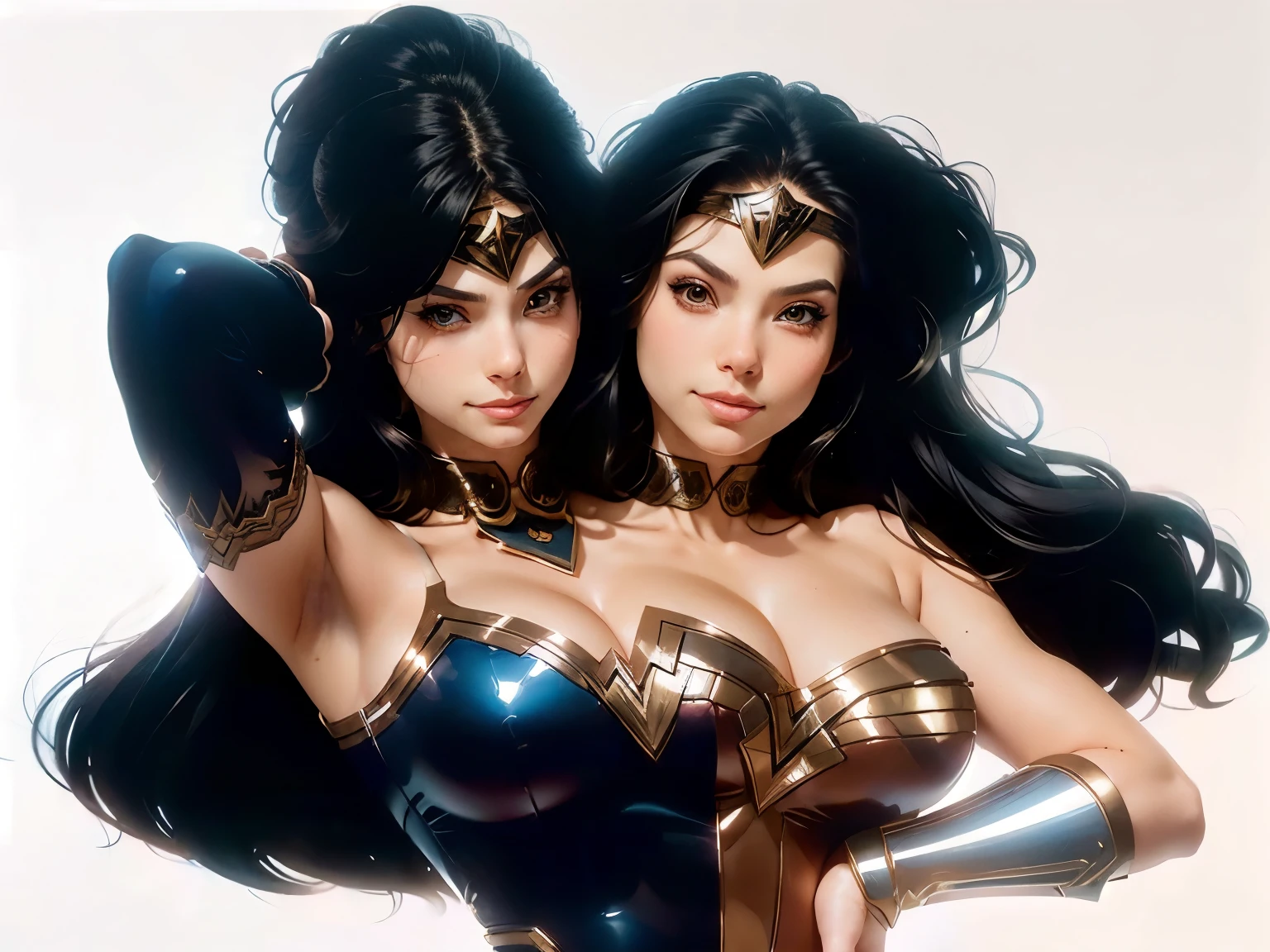 (2heads:1.2), a close up of two women in costumes with one holding a sword, artgerm and genzoman, artgerm and lois van baarle, style artgerm, artgerm style, artgerm comic, made with anime painter studio, range murata and artgerm, extremely detailed artgerm, wonder woman, anime art style