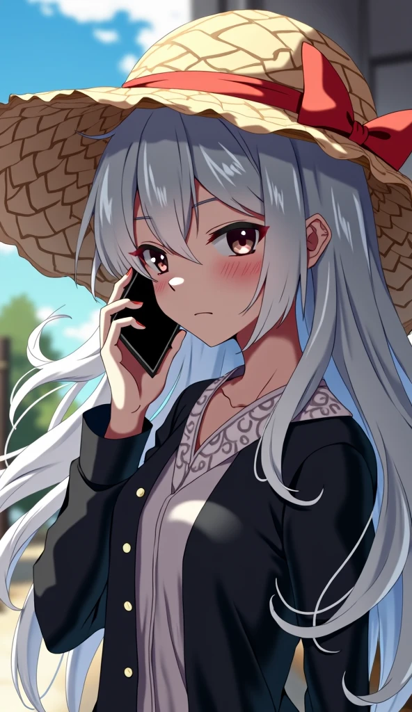 anime character with white hair and a straw hat talking on a cell phone, trigger anime artstyle, jujutsu kaisen, a silver haired mad, joker as naruto, joker looks like naruto, ichigo kurosaki, nagito komaeda, detailed fanart, from one piece, high quality fanart, official art, advanced digital anime art ”, bleach manga style