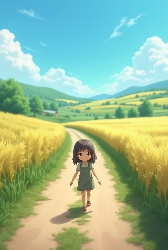 A littel girl walk on road realstic pic