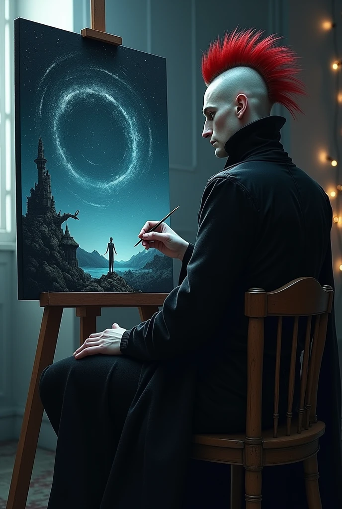 MOHAWK DRACULA SIT DOWN DOING PAINTING OF ORION STAR