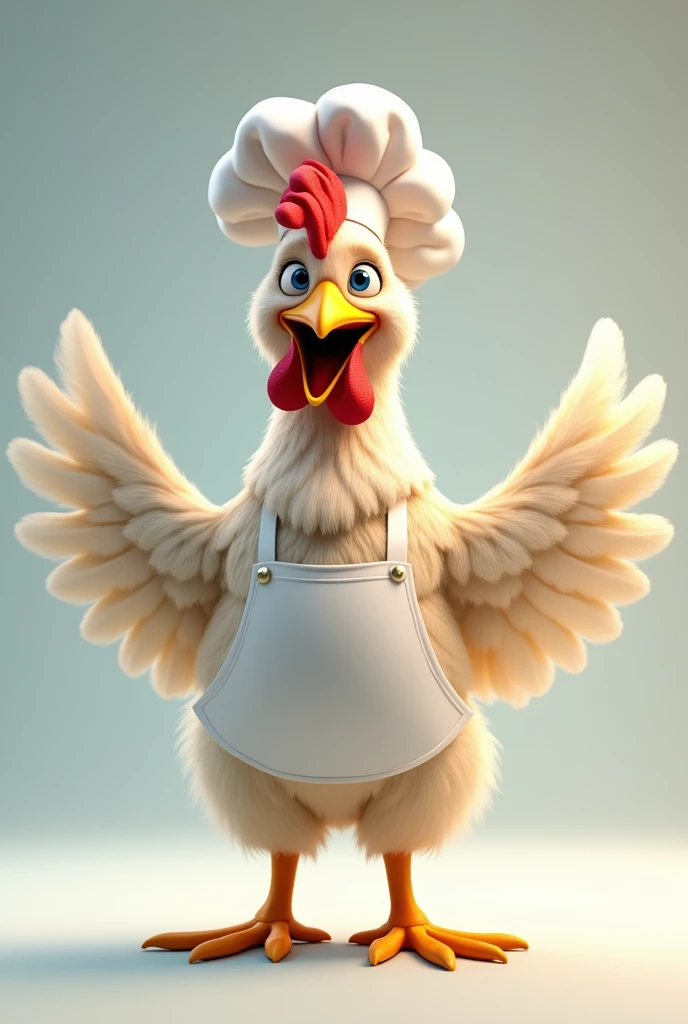 A chicken that is a chef with blue eyes, red neck and spread wings welcomes people. On Background clear. Little politely