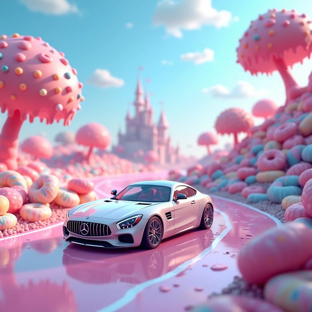 A car driving on the winding road of the Candy Kingdom, vehicle close-up, oblique side view, large scene, candy, tree lollipops, only in the form of doughnuts, candy colorful, surreal, castle in the distance, picture in pink and blue, 3D, depth of field