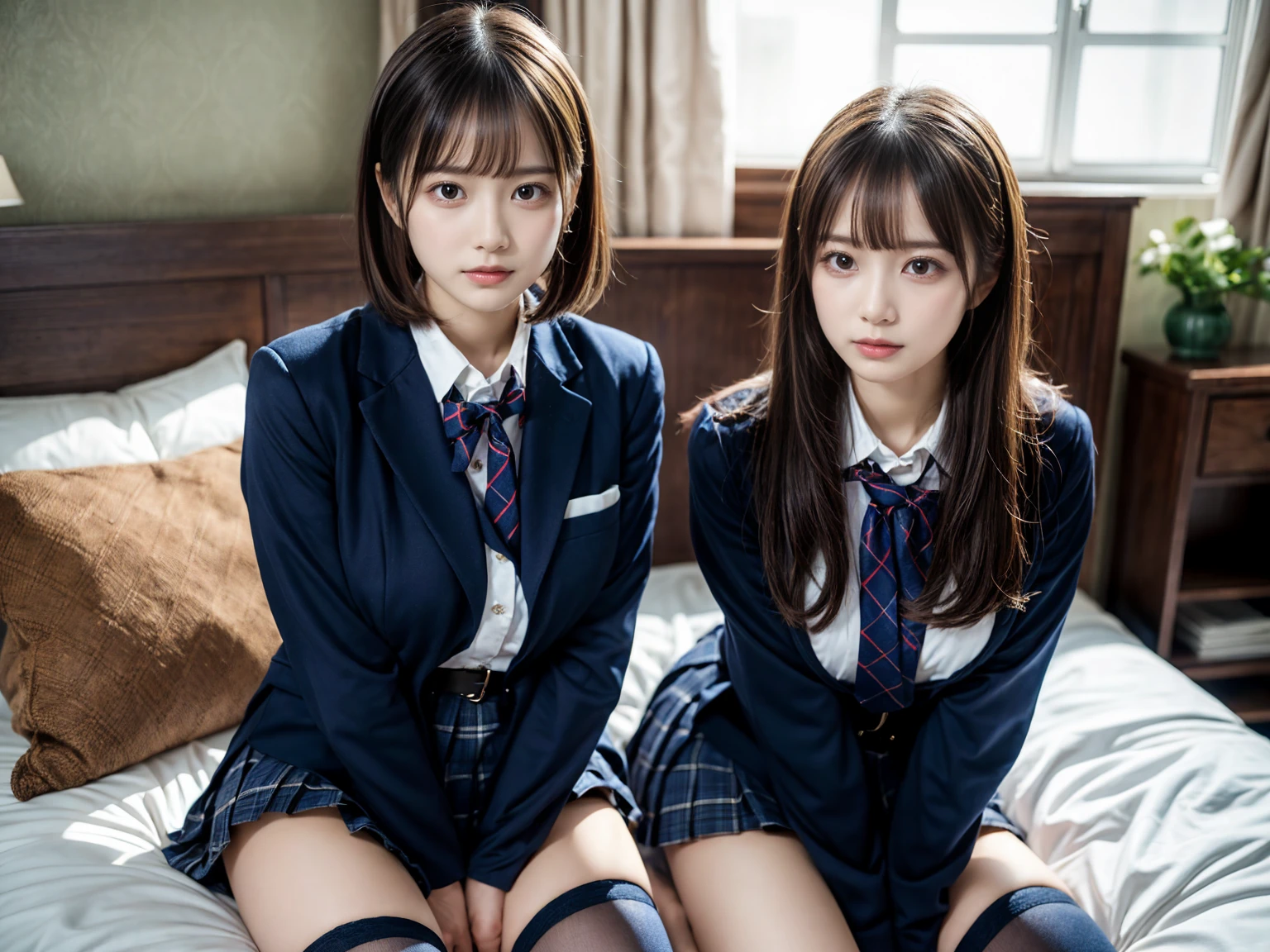 (8K, Raw photography, top-quality, masterpiece:1.2), master piece, best quality, illustration, Super detailed, fine details, High resolution, 8K,wall paper, perfect dynamic composition,(Details High quality, realistic depiction of eyes:1.3), ((2 girls, 2 schoolgirls)), The background is a luxury hotel room、High school girl uniform、blazer 、Super Short Check Uniform Skirt、Navy blue high socks、garterbelts、Colossal tits、Disturbed uniform, Play with each other,Touching each other's bodies,Touching the body of the girl next door, short bob hair, black hair color, huge breasts, Big Natural Color Lip, bold sexy pose, (perfect body shape), crying a little、cold gaze, Beautiful makeup,glitter makeup,Cutest 1, beautiful legs, hposing Gravure Idol, Voluptuous thighs