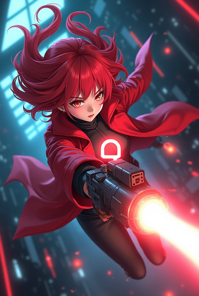 Anime girl red fire hair wearing red Coat futuristic glowing beam and icon on coat, dynamic pose from upside, handed fusion gun and avoid laser beam in the future goverment room sci-fi vibes