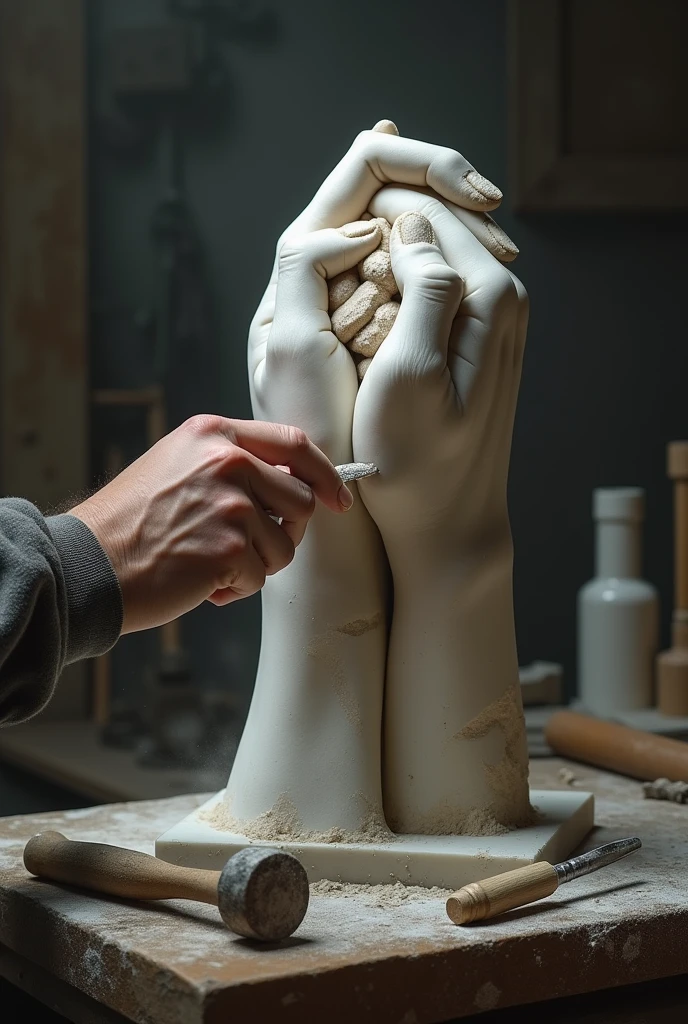 A realistic image of a sculptor's hand carefully chiseling a marble statue. The statue depicts two hands holding each other gently. The sculpting tools, including a chisel and hammer, are visible in the scene. The background shows a dimly lit workshop with marble dust in the air, highlighting the detail and texture of the work in progress
