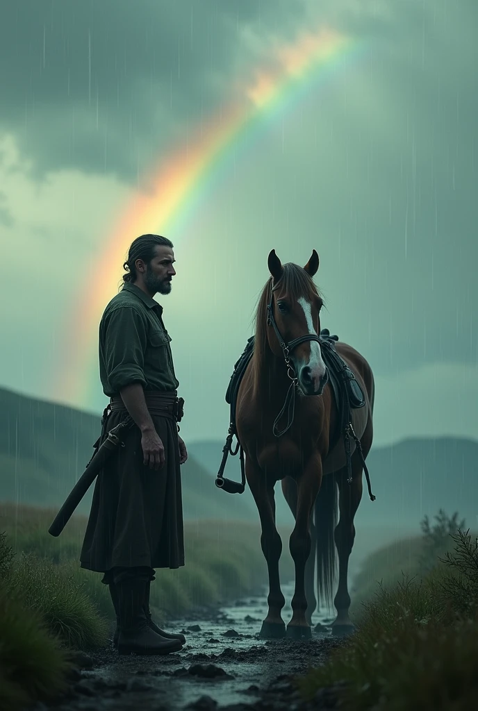 A man standing with horse and rainy weather appear and rainbow in sky
