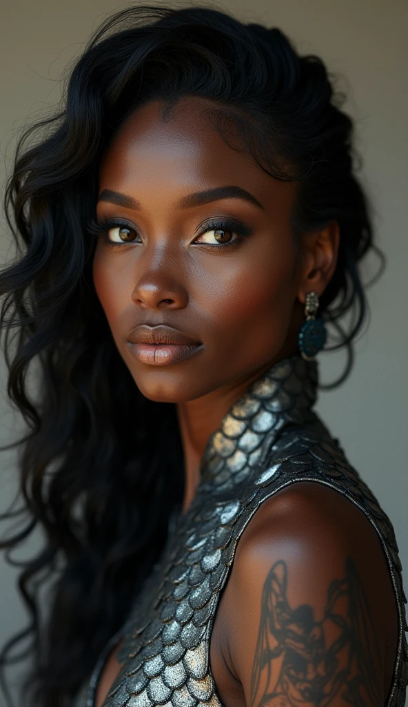 Create a portrait of a woman with dragon-like features, inspired by Angola's cultural aesthetics. She should have scales along her arms and neck, blending harmoniously with her dark, smooth skin. Her eyes should be sharp and cat-like, with a deep, golden hue. Her hair is black, with hints of shimmering silver that mimic dragon scales, cascading down her back. Her facial features should reflect the beauty of Angolan heritage, with high cheekbones and a strong, confident expression. The overall look should seamlessly blend human and dragon elements, capturing the essence of a dragon woman from Angola."