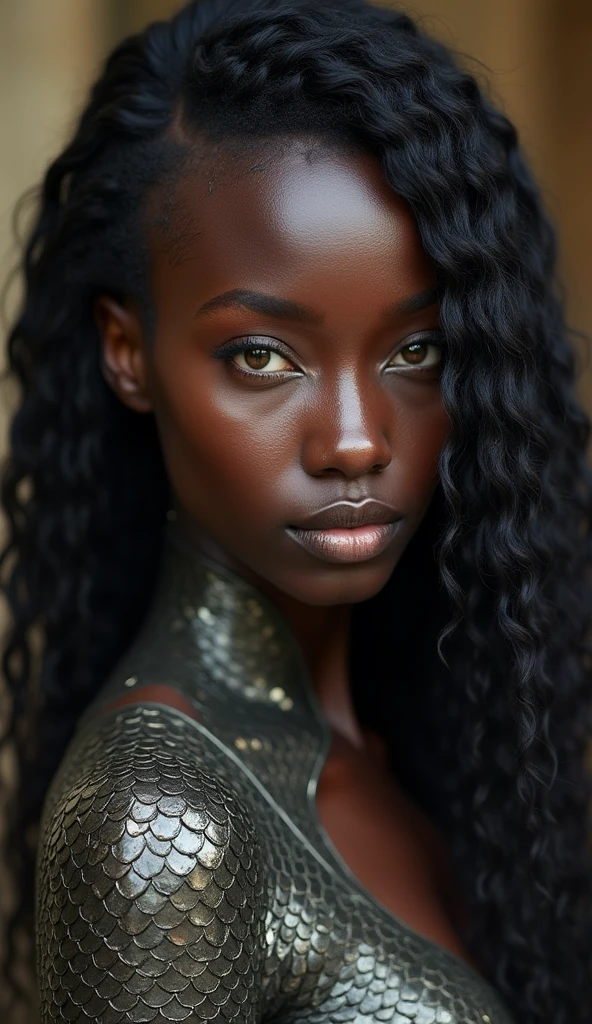 Create a portrait of a woman with dragon-like features, inspired by Angola's cultural aesthetics. She should have scales along her arms and neck, blending harmoniously with her dark, smooth skin. Her eyes should be sharp and cat-like, with a deep, golden hue. Her hair is black, with hints of shimmering silver that mimic dragon scales, cascading down her back. Her facial features should reflect the beauty of Angolan heritage, with high cheekbones and a strong, confident expression. The overall look should seamlessly blend human and dragon elements, capturing the essence of a dragon woman from Angola."