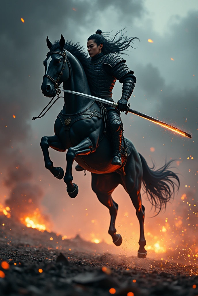 Centaur-type Japanese warrior、Black Armor、A pose where you jump high into the air、The face is human、Japanese sword shines、battlefield、sparks、inflammation、Backlight、Dark Night、