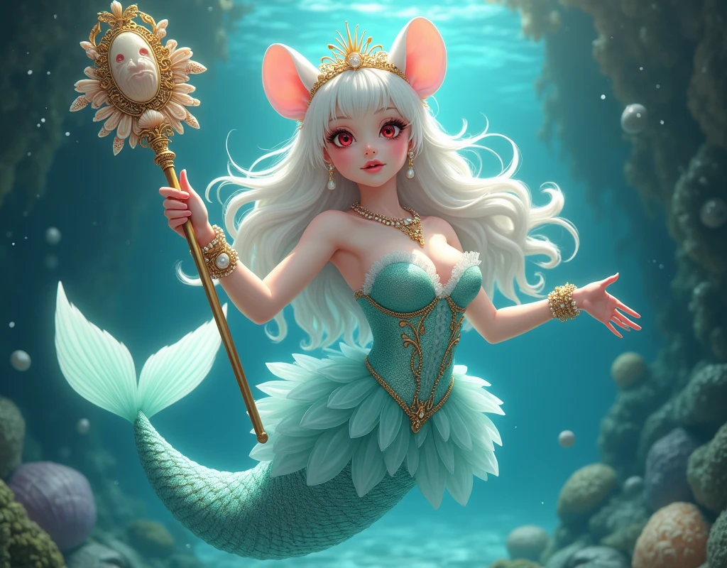 (best quality,4k,8k,highres,masterpiece:1.2),ultra-detailed, drawn in 2D anime style, Pretty albino girl magically transformed into a beautiful mermaid princess, the princess of the sea, race swap, fantastic transformation, sharp teeth, beautifully detailed lips with lipstick, she’s smiling, steampunk, fishlike, wet body, very long curly white hair adorned with hair accessories, red eyes with long eyelashes, white fur, slim body, red manicured nails, whiskers, mouse ears with pearls earrings hanging from them, long mermaid tail below waistline with shimmering cyan fish scales, pelvic and dorsal fins, a pair of fish gills on her torso, highly detailed seashell bra with intricate patterns, pearl and gold bracelets, pearl necklace, tiara made of seashells, cute turquoise princess dress, iridescent colours, physically-based rendering,gorgeous frilly dress design,flowing gown,elaborate lace details,rich textures,contrast stitching,delicate ribbon bows,fish scale accents,translucent flowing layered sleeves, translucent skirt,fitted waistline,lace-up back,luxurious fabrics,flawless silhouette, joyful expression, sparkling water, water reflections, ethereal atmosphere, subtle glow, whimsical and enchanting, gracefully swimming in a hallway, she is holding a magic staff made of seashells and pearls, underwater castle interior, intricately decorated room, magical underwater lighting, vivid colors, breathing underwater, endless ocean depths, light filtering through the water.