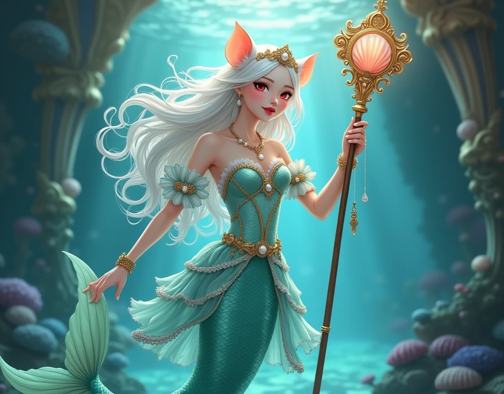 (best quality,4k,8k,highres,masterpiece:1.2),ultra-detailed, drawn in 2D anime style, Pretty albino girl magically transformed into a beautiful mermaid princess, the princess of the sea, race swap, fantastic transformation, sharp teeth, beautifully detailed lips with lipstick, she’s smiling, steampunk, fishlike, wet body, very long curly white hair adorned with hair accessories, red eyes with long eyelashes, white fur, slim body, red manicured nails, whiskers, mouse ears with pearls earrings hanging from them, long mermaid tail below waistline with shimmering cyan fish scales, pelvic and dorsal fins, a pair of fish gills on her torso, highly detailed seashell bra with intricate patterns, pearl and gold bracelets, pearl necklace, tiara made of seashells, cute turquoise princess dress, iridescent colours, physically-based rendering,gorgeous frilly dress design,flowing gown,elaborate lace details,rich textures,contrast stitching,delicate ribbon bows,fish scale accents,translucent flowing layered sleeves, translucent skirt,fitted waistline,lace-up back,luxurious fabrics,flawless silhouette, joyful expression, sparkling water, water reflections, ethereal atmosphere, subtle glow, whimsical and enchanting, gracefully swimming in a hallway, she is holding a magic staff made of seashells and pearls, underwater castle interior, intricately decorated room, magical underwater lighting, vivid colors, breathing underwater, endless ocean depths, light filtering through the water.