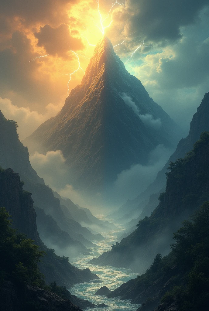 Create a soul landscape with one side where the sun shines and one side where it rains and storms and that on a mountain
