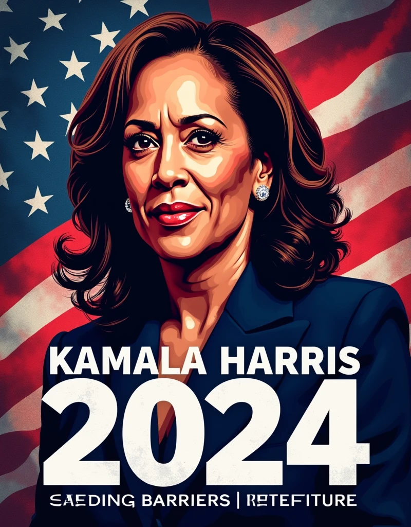 Create a portrait of Kamala Harris in a bold, contemporary art style, using deep, saturated colors. Surround the portrait with empowering typography that reads, "Madam President Kamala Harris 2024: Breaking Barriers, Building the Future." This design should have a strong, modern aesthetic perfect for trending T-shirts.