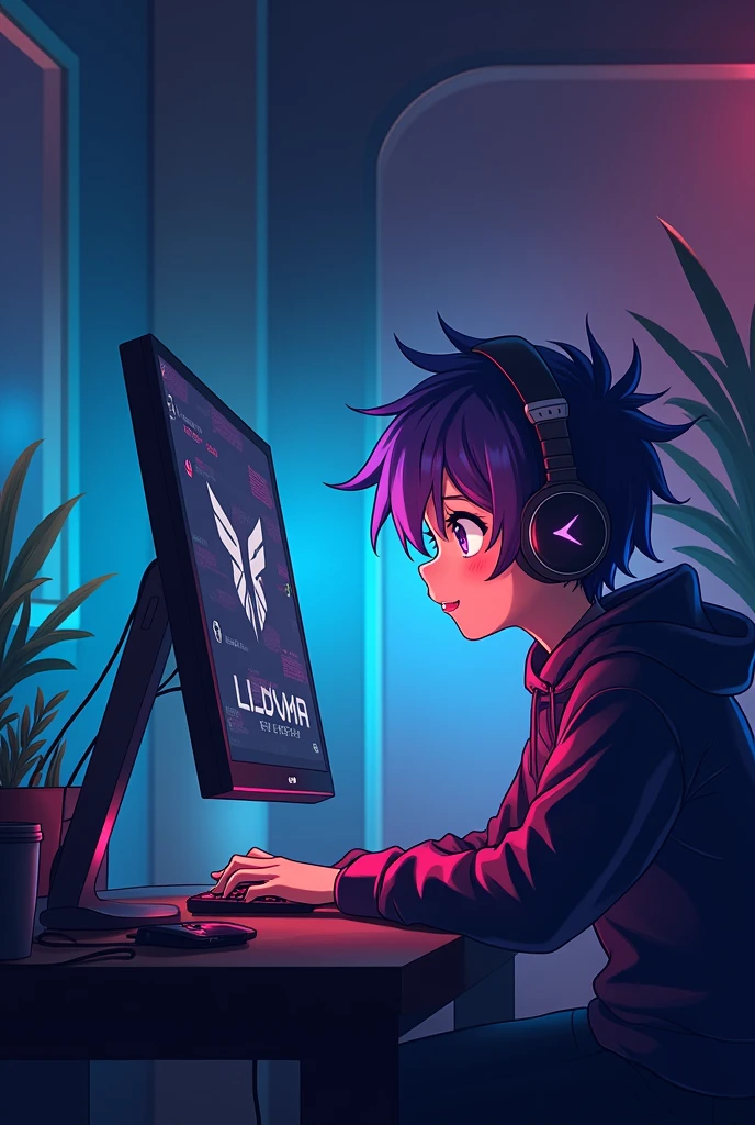Make a gaming logo, a anime character playing the game in his PC