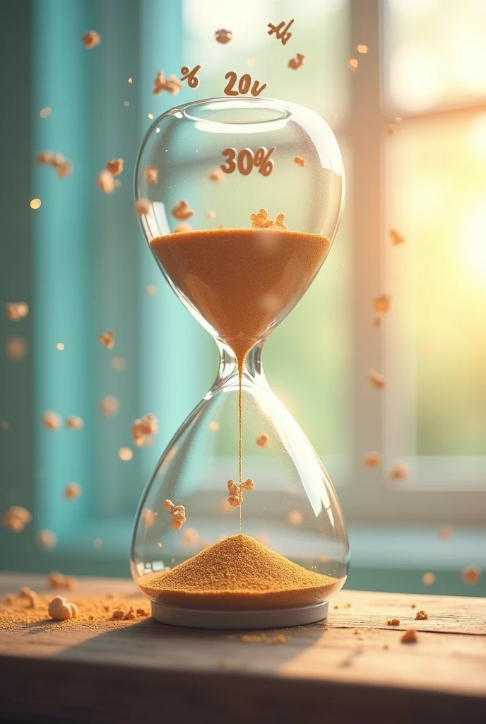 An hourglass in which instead of sand, discounts fall "-30%", high quality, positive atmosphere  