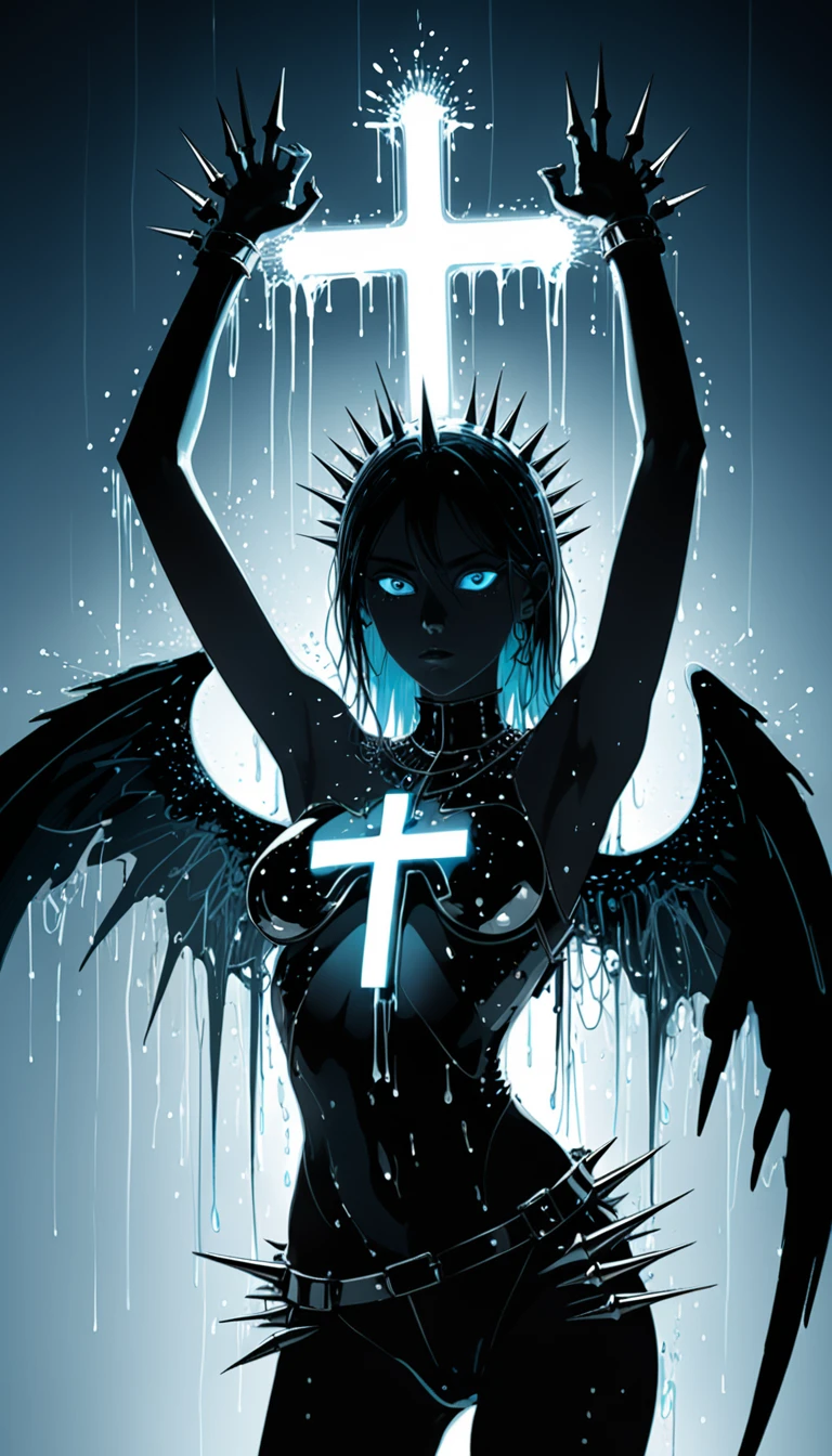 in style of Hans Hartung,in style by Kilian Eng
(1girl,character conceptual design,half body),gravure_pose,blue eyes,(oversize black wings on back:1.3),glowing silver fluorescent,armor,giant forearm,drops of water,waterline string,(irregular light cross spikes,all eyes know:1.8),arms up