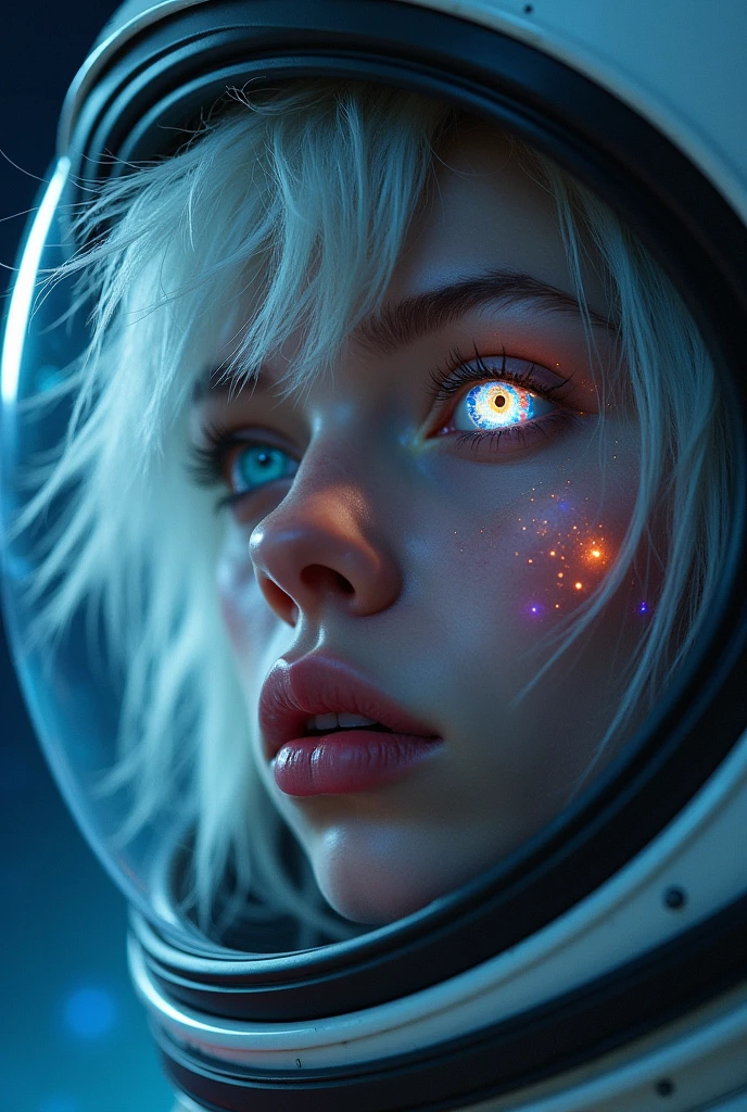 (Close-up of a better masterpiece:1.5)0.9], (Space and astronauts:1.2) (Messy silver hair:1.1) (Heterochromia xanthochromia and blue eyes:1.2) (Space Helmet:1.0) (Colored stars in the eyes:1.0) (A radiant glow:1.1) (thick lips:0.9)