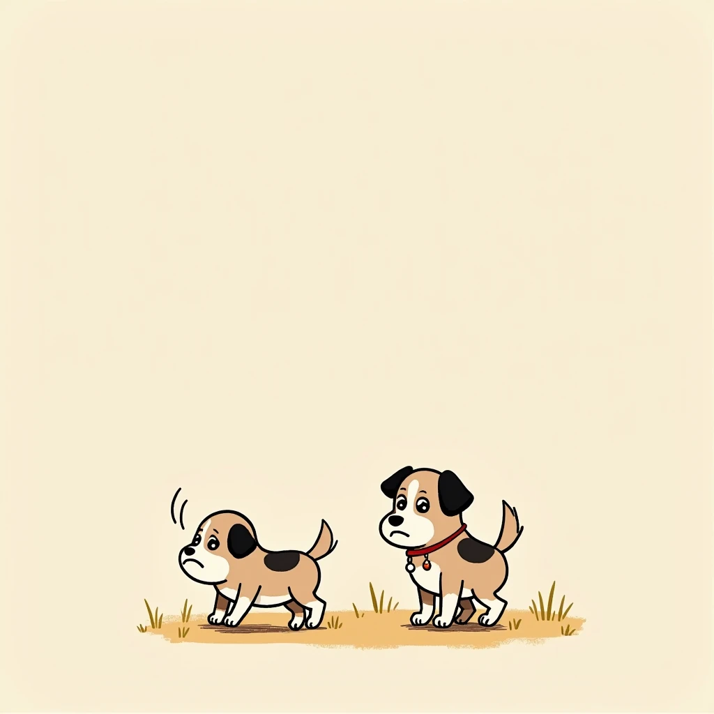 Chibi Style, 2-panel cartoon, dot halftone, Flat Color, A dog with a sore back and difficulty walking,During a walk,I'm fluttering,Frowning, Sad,