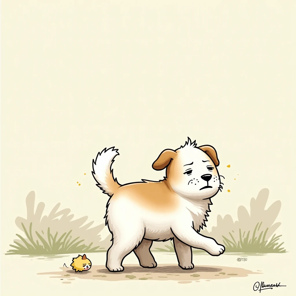 Chibi Style, 2-panel cartoon, dot halftone, Flat Color, A dog with a sore back and difficulty walking,During a walk,I'm fluttering,Frowning, Sad, 