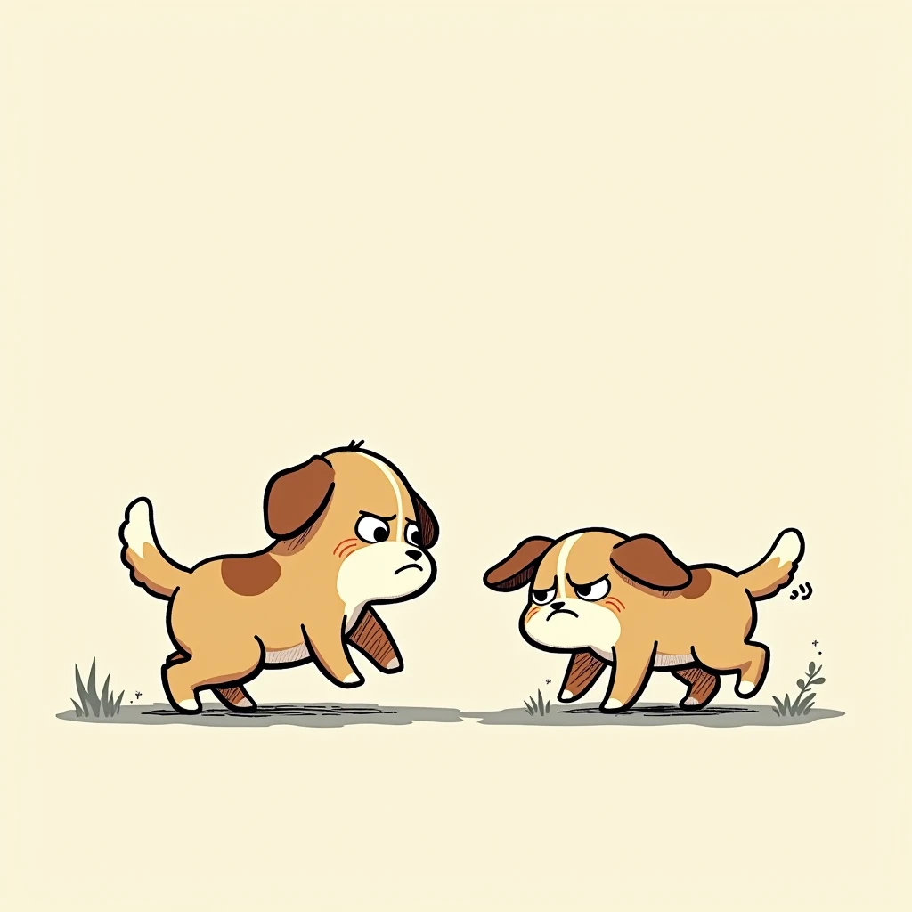 Chibi Style, 2-panel cartoon, dot halftone, Flat Color, A dog with a sore back and difficulty walking,During a walk,I'm fluttering,Frowning, Sad,