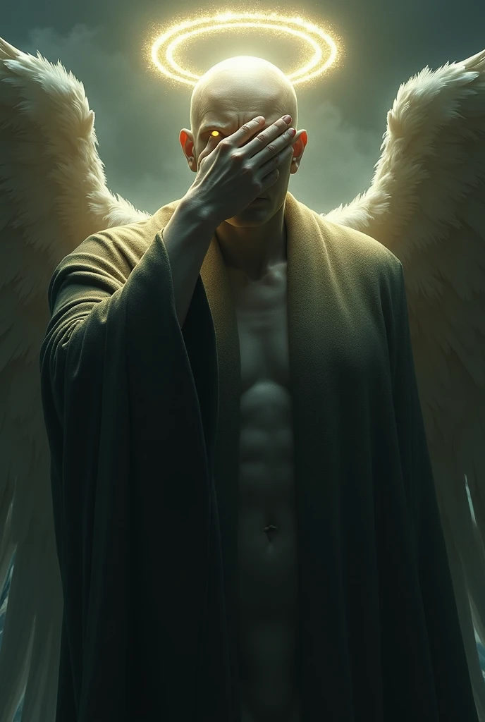 High accuracy, Golden eyes, halo on head, precise, mysterious, glowing light, Angel of Death, a huge scary man with his hand over his eye