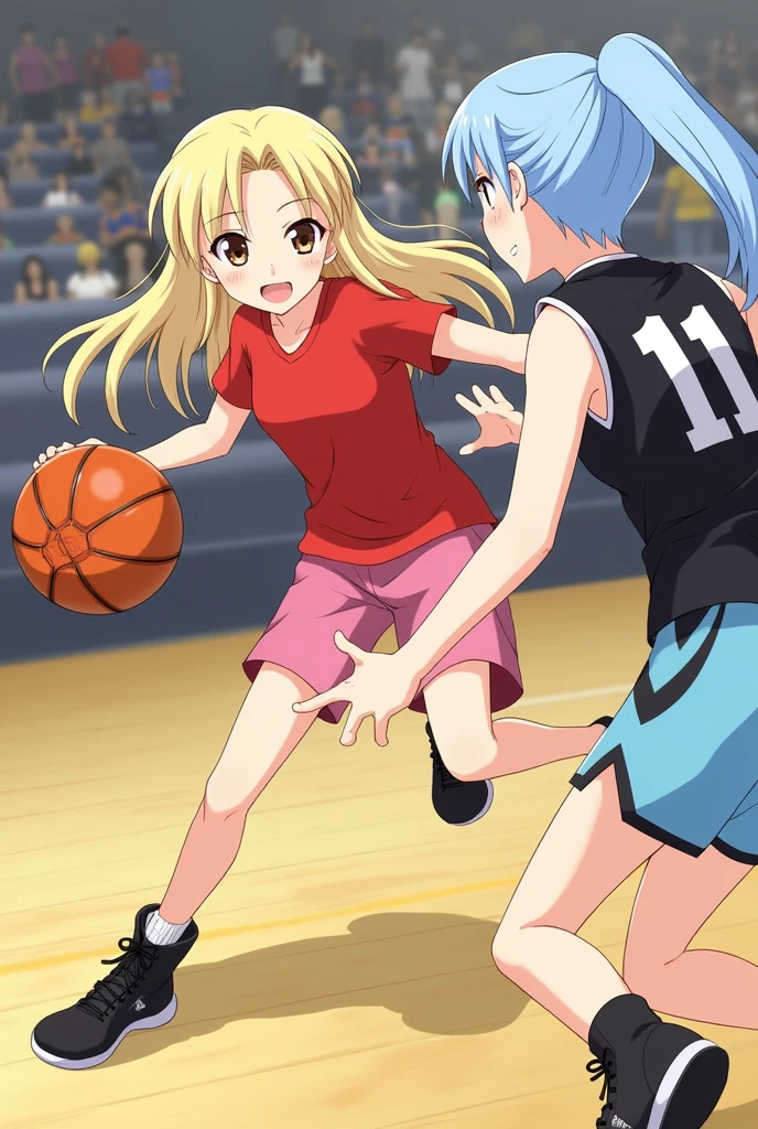 Lucy Heartfilia plays basketball with Juvia Lockser. Juvia Lockser is in a defensive position on Lucy Heartfilia.Lucy Heartfilia feints Juvia Lockser with a hand change.
Lucy Heartfilia is wearing a red T-shirt with pink shorts and black basketball shoes. She has long blond hair, beige skin and brown eyes.
Juvia Lockser wears a black n°11 tank top with light blue shorts and purple basketball shoes. She has long light-blue hair tied back, beige skin and blue eyes.
They are playing in a gymnasium in a real-life basketball game.