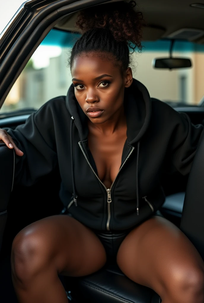 Black woman wearing leather short shorts up in crack black hoodie hair in a bun setting in car seat camera in between legs legs spread out