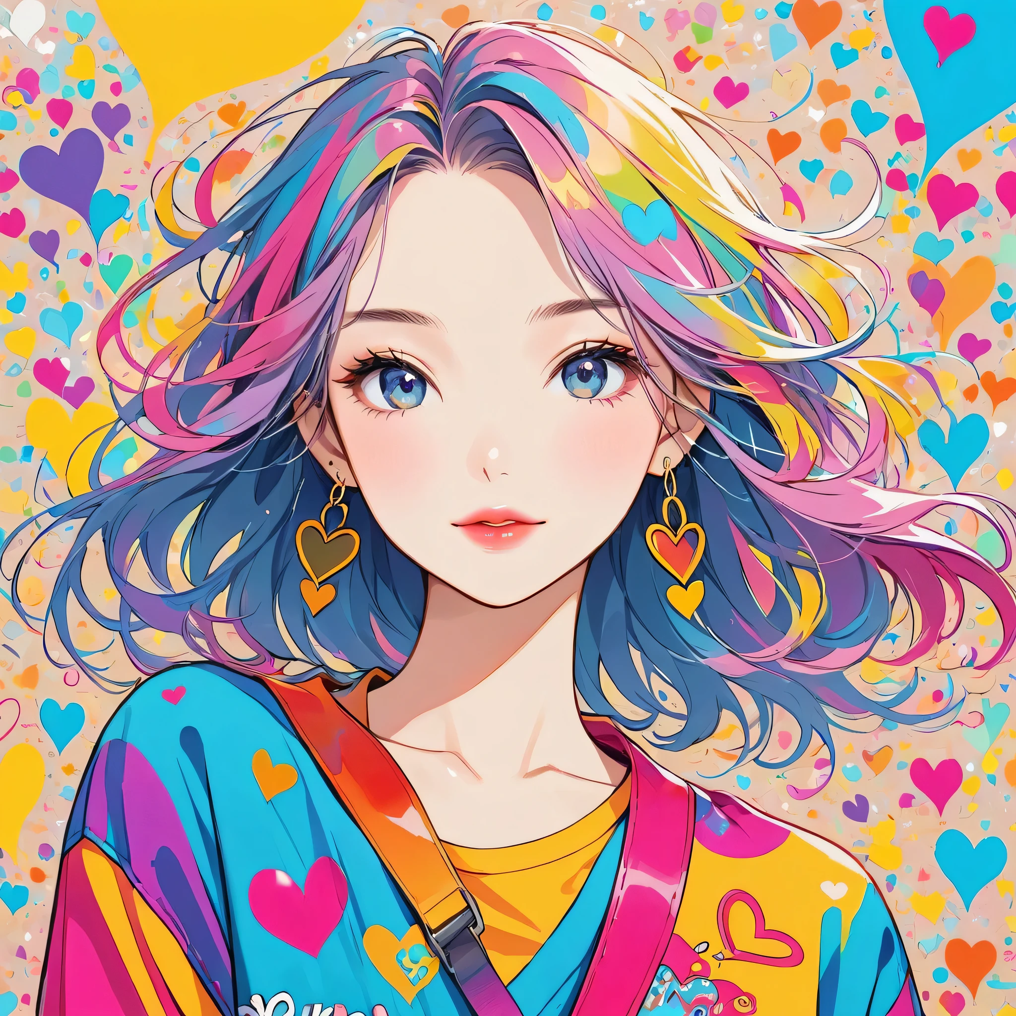Keith Haring colorful style, Simple Line Initialism,Abstract art,Urban Background, (((The most beautiful girl of all time))), Sweet face. Lips in love, colorful hearts, stylish design