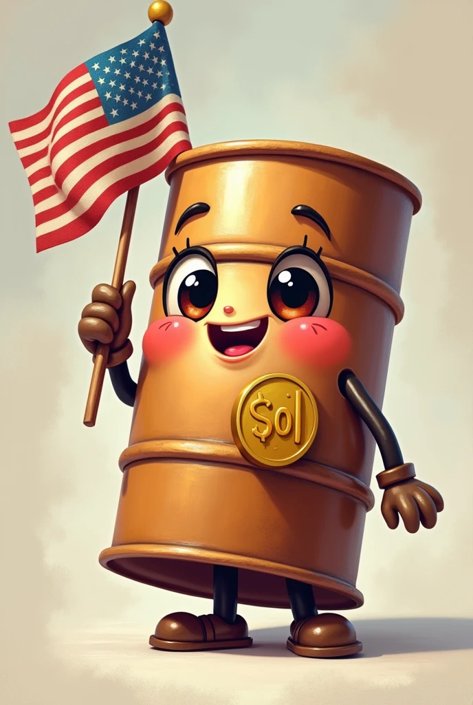 Create an Oil barrel can make it face look cute while his holding a coin saying "$oil" while also holding a USA flag