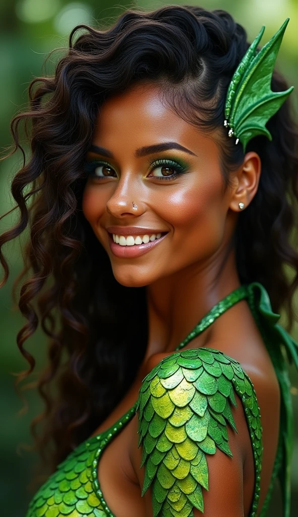 Create a portrait of a woman with dragon-like features inspired by Brazilian cultural characteristics. She should have a bronze, sun-kissed skin tone, with vibrant green scales on her shoulders and neck that catch the light. Her eyes should be bright and captivating, resembling the vivid green of the Amazon rainforest. Her hair is long and curly, resembling the natural beauty found in Brazil, with strands that have a dragon-scale-like iridescence. Her facial features should reflect the diversity and warmth of Brazilian people, with a wide smile and a strong, defined jawline. This dragon woman should embody a fusion of Brazilian beauty and mythical dragon traits.