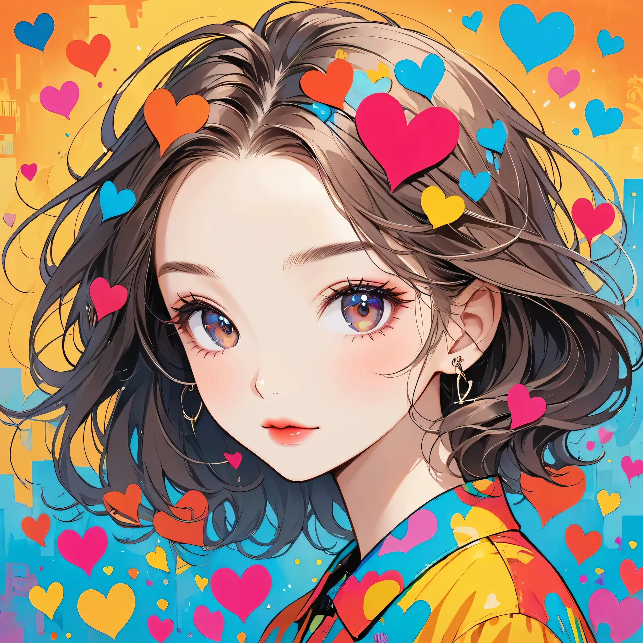 Keith Haring colorful style, Simple Line Initialism,Abstract art,Urban Background, (((The most beautiful girl of all time))), Sweet face. Lips in love, colorful hearts, stylish design