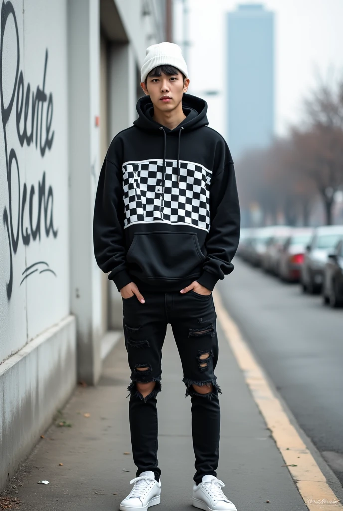 Featuring full HD high resolution images, A handsome Korean man wearing a black hoodie with a white checkered pattern, wearing black ripped jeans, Adidas white sneakers and a white beanie hat, seen leaning against a clean white concrete wall while facing the camera, There is graffiti written on the wall " PETER", blur city street background, realistic
