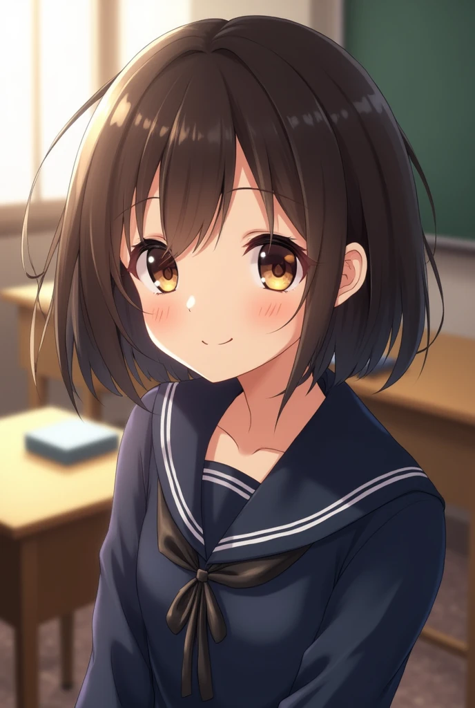 Highest quality, Face Focus, Soft Light, Ultra-high resolution, (Realistic:1.4), RAW Photos, 1 Japanese girl, alone, cute, (A shy smile:0.5), (Brown eyes, Light in your eyes), Beautiful face in every detail, (Small box),(High resolution detail of human skin texture), (Short Bob Hair), break, In the classroom,Navy uniform, Best, skirt