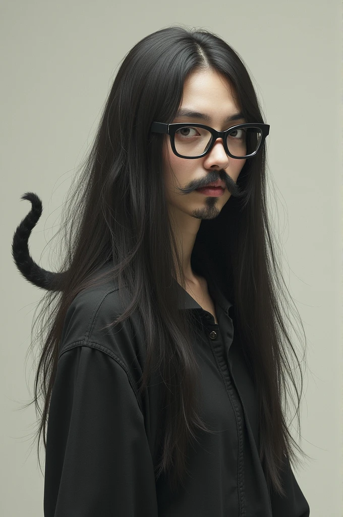 Create an image of a person with long hair, hypdertailed , square eyeglass, shaved mustache and very ugly