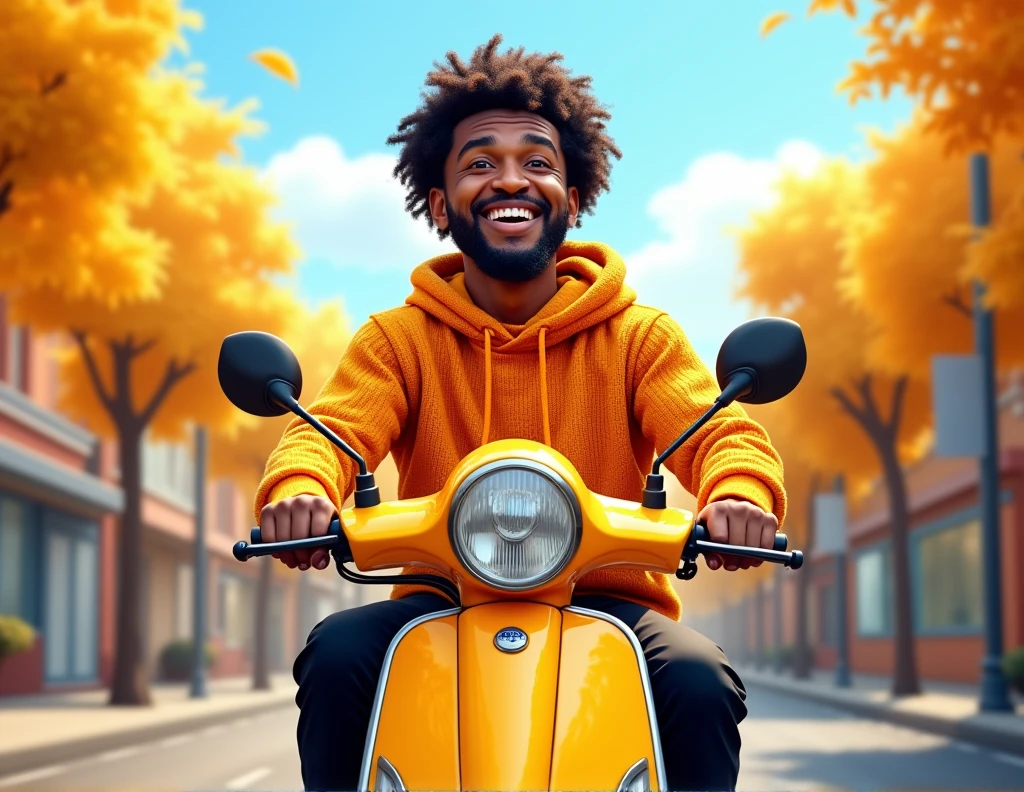 Nous somme une agence de livraison. créer une affiche pour souhaiter un bon mois d'Aout à nos abonnés sur les réseaux sociaux. on doit voir sur l'affiche, un livreur africain habillé en tricot jaune orangé et pantalon noir sur une moto de livraison