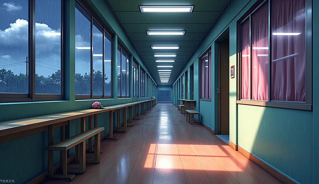 japanese school corridor, no people, raining, day, clouds, In the style of Makoto Shinkai。master piece, ultra detail, precision, ultra-realistic,