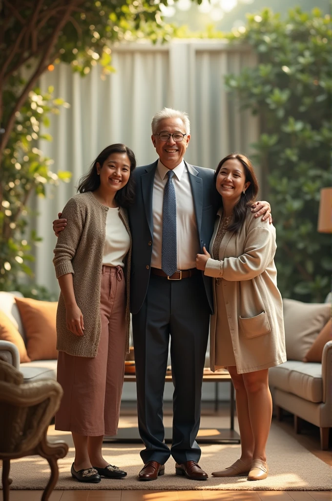 A successful business owner, aged 50, standing in front of a beautiful family, with a sense of achievement, surrounded by love and prosperity"