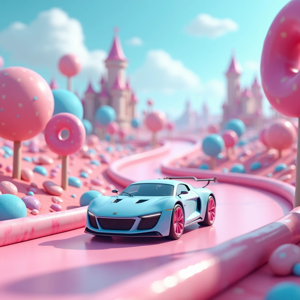 A car driving on the winding road of the Candy Kingdom, vehicle close-up, oblique side view, large scene, candy, tree lollipops, only in the form of doughnuts, candy colorful, surreal, castle in the distance, picture in pink and blue, 3D, depth of field