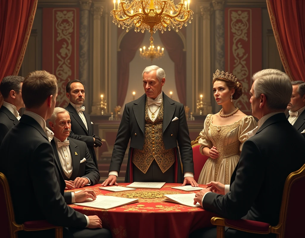 A detailed and majestic scene illustrating the Rothschild family's influence extending beyond banking, where they serve as advisors and financiers to kings, queens, and governments in the 19th century. The scene is set in a grand palace or government chamber, with Mayer Amschel Rothschild or one of his sons standing confidently, dressed in formal attire, speaking with a king or queen seated on a throne. Nearby, other members of the Rothschild family are engaged in discussions with high-ranking officials and ministers. The background features opulent decorations, royal crests, and grand architecture, emphasizing the importance of the setting. Ledgers, documents, and coins on the table symbolize the financial advice and support being provided. The lighting is regal and dramatic, casting a golden glow over the entire scene, highlighting the power and influence of the Rothschilds