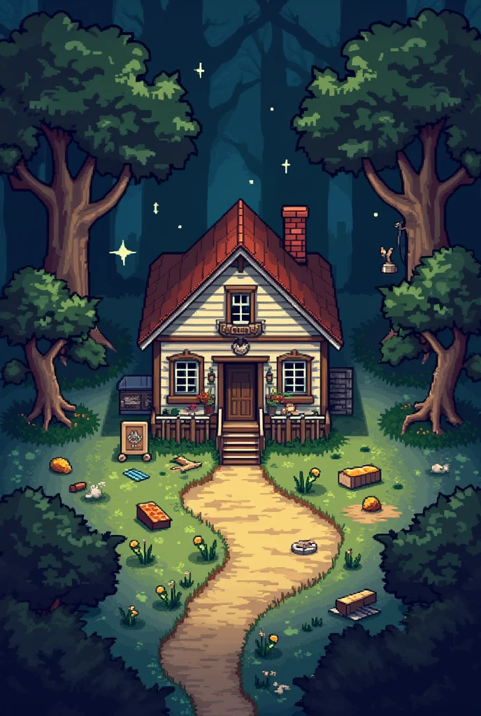 Create a house image in pixel art style., With post-apocalyptic graphics , Map of the village in the Demon Forest , You must mark the place where the arms and supplies market is located., school, City Hall, etc., The house should have a simple design., With elements that reflect the identity of villagers in the middle of the forest. ,
