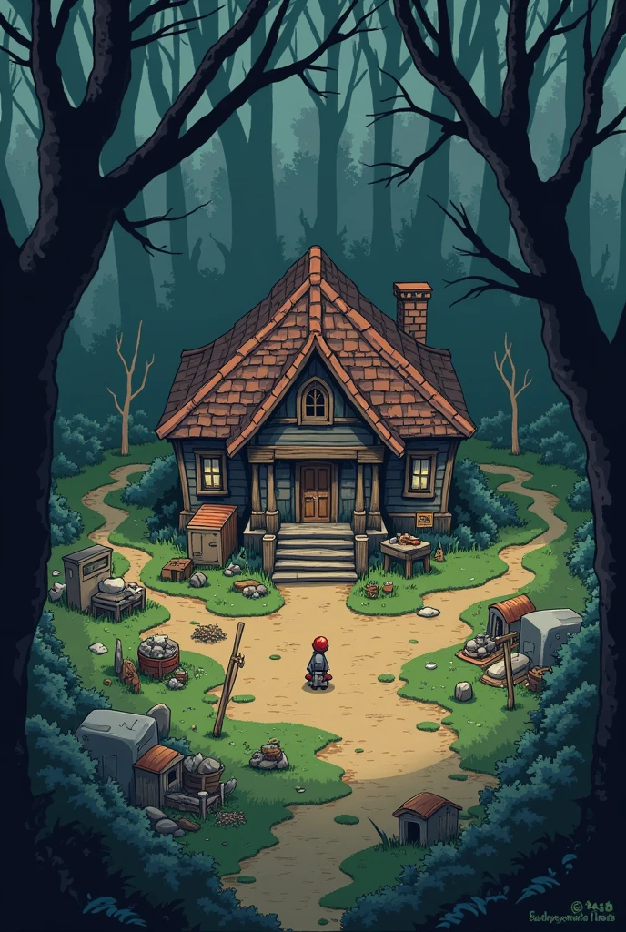 Create a house image in pixel art style., With post-apocalyptic graphics , Map of the village in the Demon Forest , You must mark the place where the arms and supplies market is located., school, City Hall, etc., The house should have a simple design., With elements that reflect the identity of villagers in the middle of the forest. ,