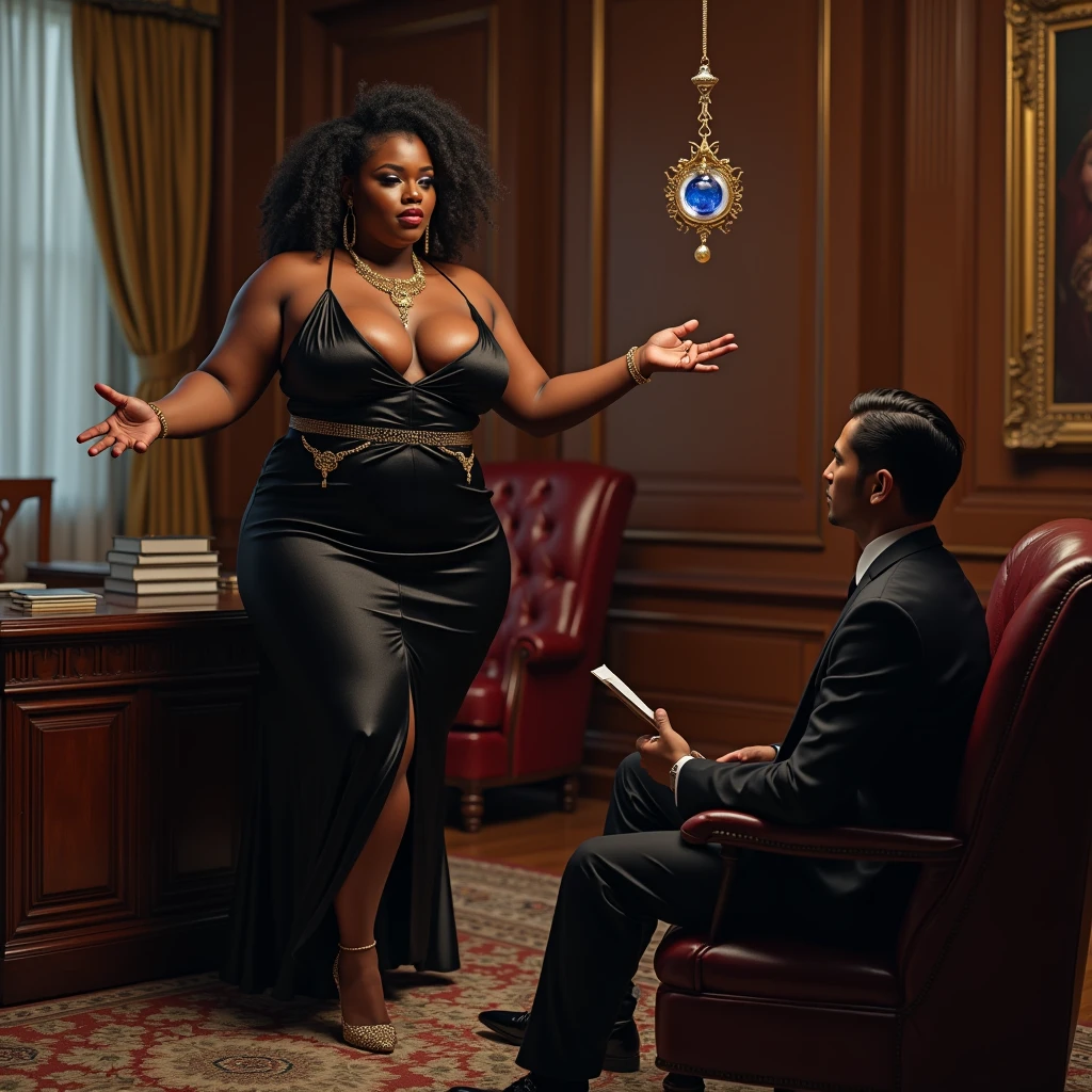 (photorealism:1.2  realistic 
A plus-size, curvaceous BBW woman in her mid-30s with a dark-skinned, melanin-rich complexion sits confidently in a high-end private office. She exudes power, wealth, and authority, embodying a matriarch findom goddess persona. Dressed in luxurious designer clothing—a form-fitting, elegant dress paired with high heels and adorned with gold jewelry—she holds a hanging crystal pendant, swinging it rhythmically to hypnotize a white male seated across from her. The man, wearing a business suit, gazes intently at the pendant, his expression a mix of awe and submission. The office is lavishly decorated with plush furniture, a grand desk, and rich mahogany wood, emphasizing a setting of opulence and control.


