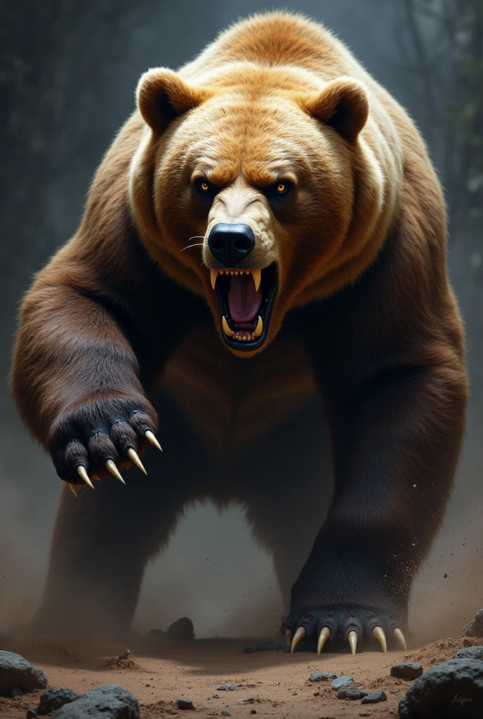 Close rosto urso pardo viking, open claws , hairs standing on end and muscles tense, attacking the prey with its claw. 