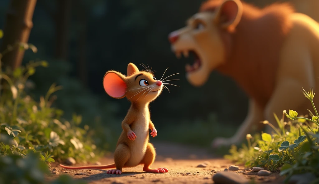 Prompt: "The mouse, standing alert on a small rock, with its ears perked up and eyes wide open, listens carefully to the lion's distant roar. The mouse's whiskers twitch as it looks determined. The background is a mixture of small plants and forest undergrowth, creating a sense of urgency and alertness."" 3d animation Disney inspired