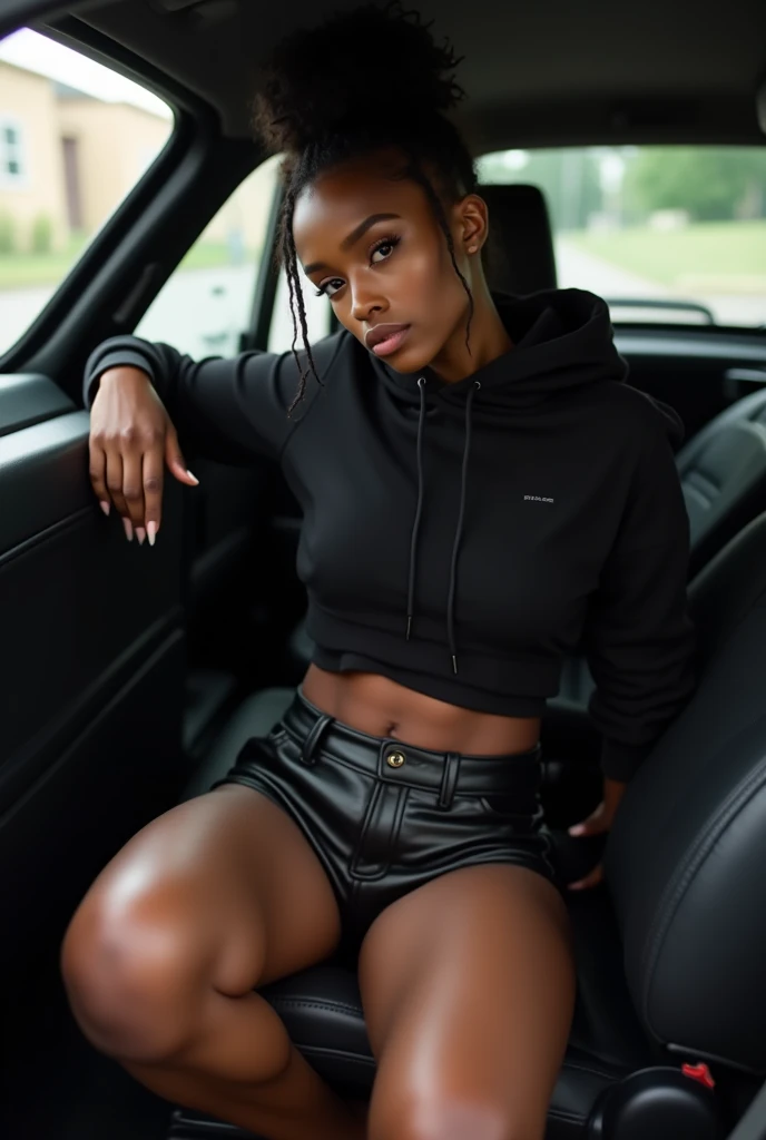 Black woman wearing leather short shorts up in crack black hoodie hair in a bun setting in car seat camera in between legs legs spread out
