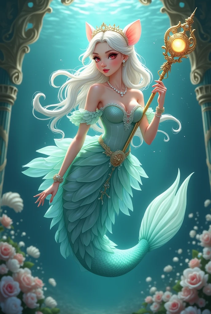 (best quality,4k,8k,highres,masterpiece:1.2),ultra-detailed, drawn in 2D anime style, Pretty albino girl magically transformed into a beautiful mermaid princess, the princess of the sea, race swap, fantastic transformation, sharp teeth, beautifully detailed lips with lipstick, she’s smiling, steampunk, fishlike, wet body, very long curly white hair adorned with hair accessories, red eyes with long eyelashes, white fur, slim body, red manicured nails, whiskers, mouse ears with pearls earrings hanging from them, long mermaid tail below waistline with shimmering cyan fish scales, pelvic and dorsal fins, a pair of fish gills on her torso, highly detailed seashell bra with intricate patterns, pearl and gold bracelets, pearl necklace, tiara made of seashells, cute turquoise princess dress, iridescent colours, physically-based rendering,gorgeous frilly dress design,flowing gown,elaborate lace details,rich textures,contrast stitching,delicate ribbon bows,fish scale accents,translucent flowing layered sleeves, translucent skirt,fitted waistline,lace-up back,luxurious fabrics,flawless silhouette, joyful expression, sparkling water, water reflections, ethereal atmosphere, subtle glow, whimsical and enchanting, gracefully swimming in a hallway, she is holding a magic staff made of seashells and pearls, underwater castle interior, intricately decorated room, magical underwater lighting, vivid colors, breathing underwater, endless ocean depths, light filtering through the water.