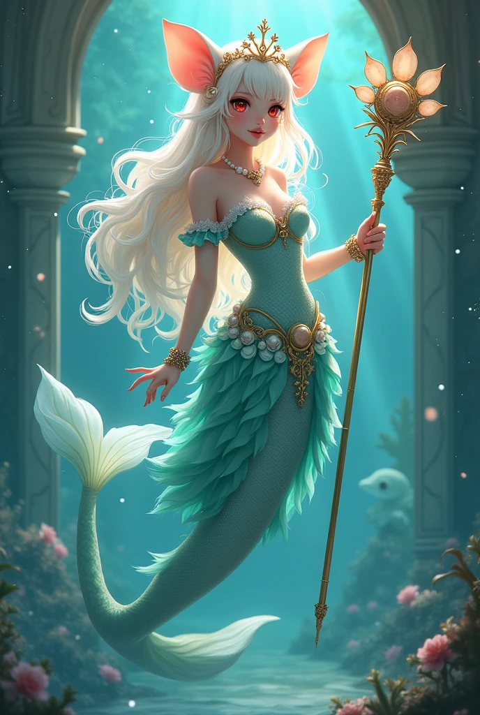 (best quality,4k,8k,highres,masterpiece:1.2),ultra-detailed, drawn in 2D anime style, Pretty albino girl magically transformed into a beautiful mermaid princess, the princess of the sea, race swap, fantastic transformation, sharp teeth, beautifully detailed lips with lipstick, she’s smiling, steampunk, fishlike, wet body, very long curly white hair adorned with hair accessories, red eyes with long eyelashes, white fur, slim body, red manicured nails, whiskers, mouse ears with pearls earrings hanging from them, long mermaid tail below waistline with shimmering cyan fish scales, pelvic and dorsal fins, a pair of fish gills on her torso, highly detailed seashell bra with intricate patterns, pearl and gold bracelets, pearl necklace, tiara made of seashells, cute turquoise princess dress, iridescent colours, physically-based rendering,gorgeous frilly dress design,flowing gown,elaborate lace details,rich textures,contrast stitching,delicate ribbon bows,fish scale accents,translucent flowing layered sleeves, translucent skirt,fitted waistline,lace-up back,luxurious fabrics,flawless silhouette, joyful expression, sparkling water, water reflections, ethereal atmosphere, subtle glow, whimsical and enchanting, gracefully swimming in a hallway, she is holding a magic staff made of seashells and pearls, underwater castle interior, intricately decorated room, magical underwater lighting, vivid colors, breathing underwater, endless ocean depths, light filtering through the water.