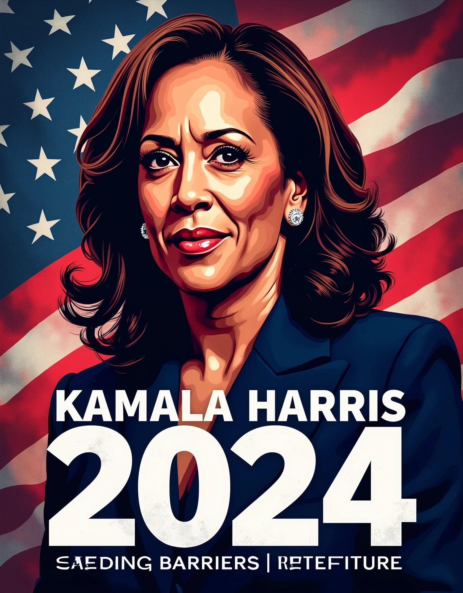 Create a portrait of Kamala Harris in a bold, contemporary art style, using deep, saturated colors. Surround the portrait with empowering typography that reads, "Madam President Kamala Harris 2024: Breaking Barriers, Building the Future." This design should have a strong, modern aesthetic perfect for trending T-shirts.